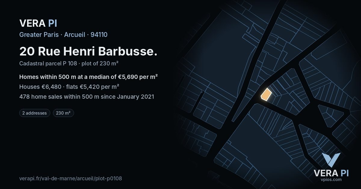 20 Rue Henri Barbusse, Arcueil at night – the plot lit, the parcels around coloured by the prices near them