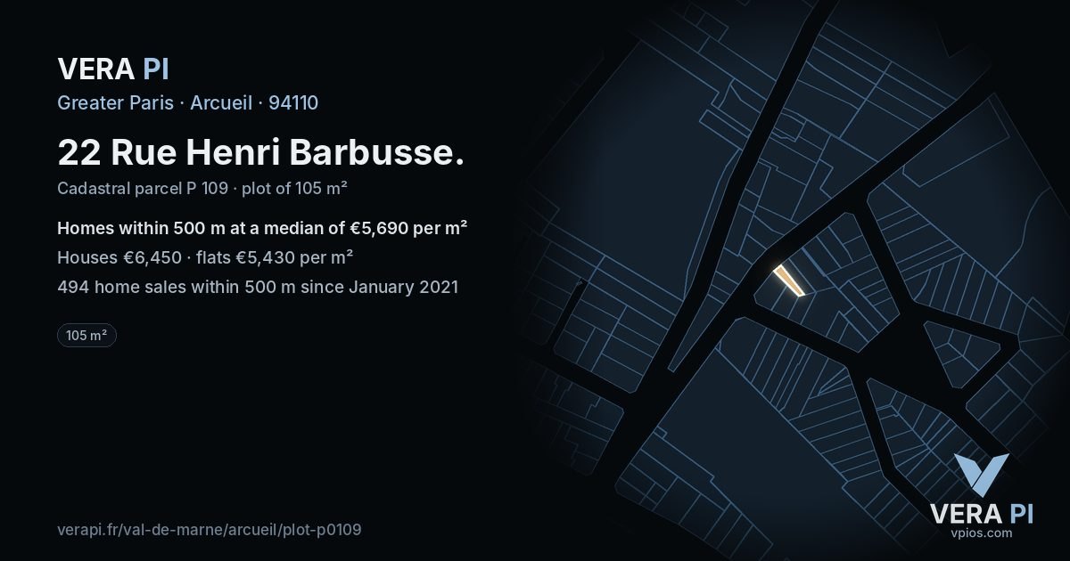 22 Rue Henri Barbusse, Arcueil at night – the plot lit, the parcels around coloured by the prices near them