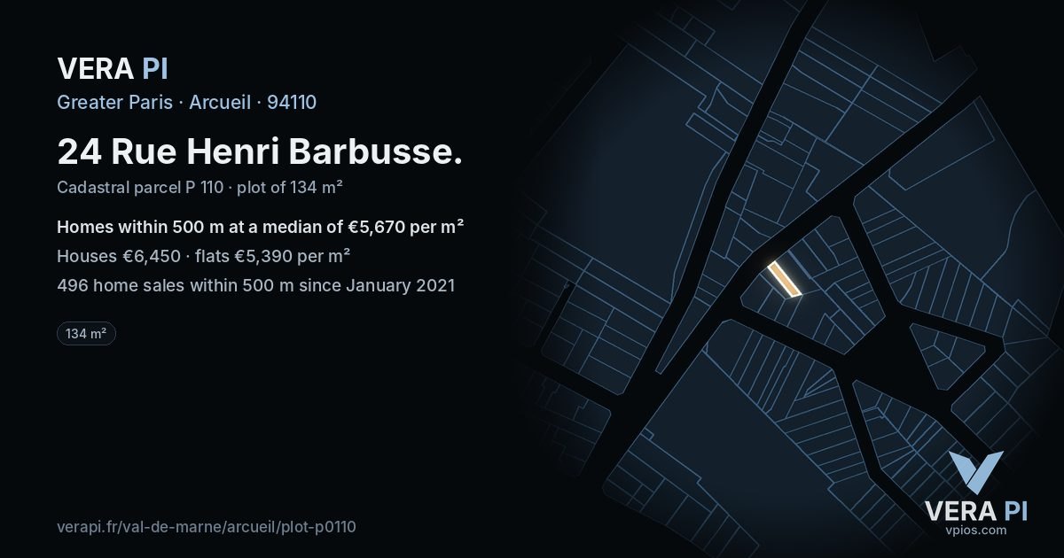 24 Rue Henri Barbusse, Arcueil at night – the plot lit, the parcels around coloured by the prices near them