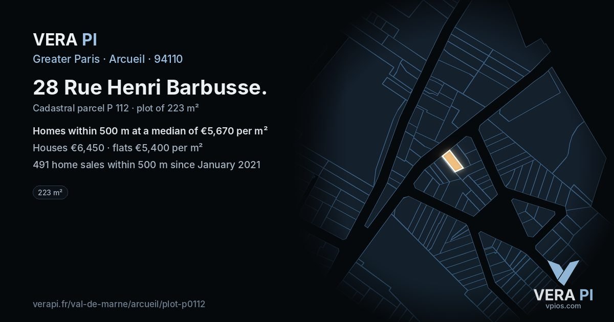28 Rue Henri Barbusse, Arcueil at night – the plot lit, the parcels around coloured by the prices near them