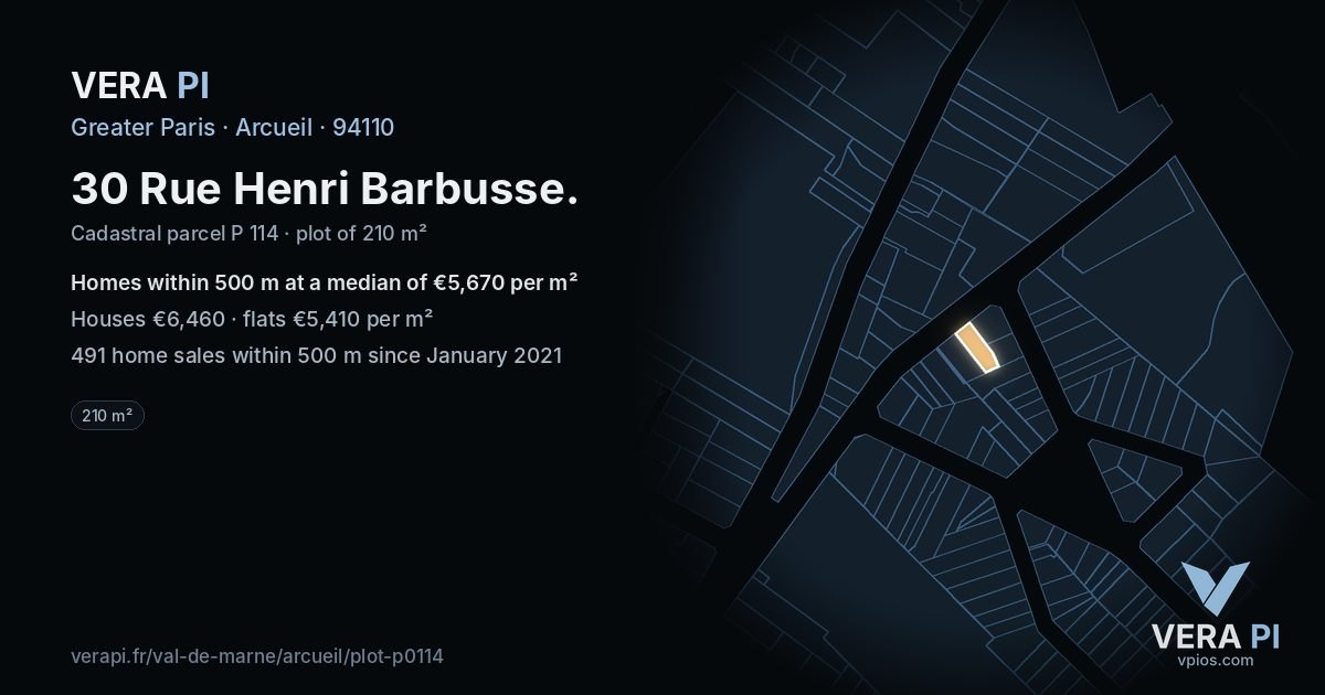 30 Rue Henri Barbusse, Arcueil at night – the plot lit, the parcels around coloured by the prices near them