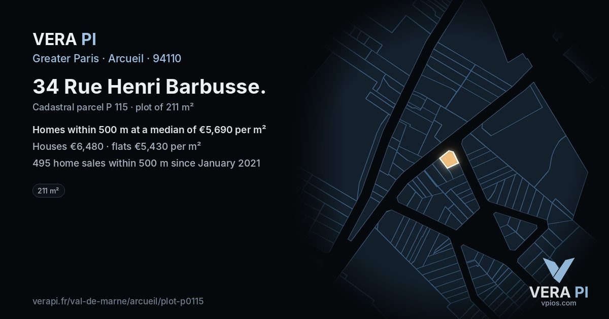 34 Rue Henri Barbusse, Arcueil at night – the plot lit, the parcels around coloured by the prices near them