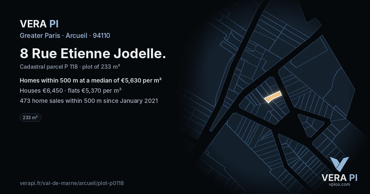 8 Rue Etienne Jodelle, Arcueil at night – the plot lit, the parcels around coloured by the prices near them