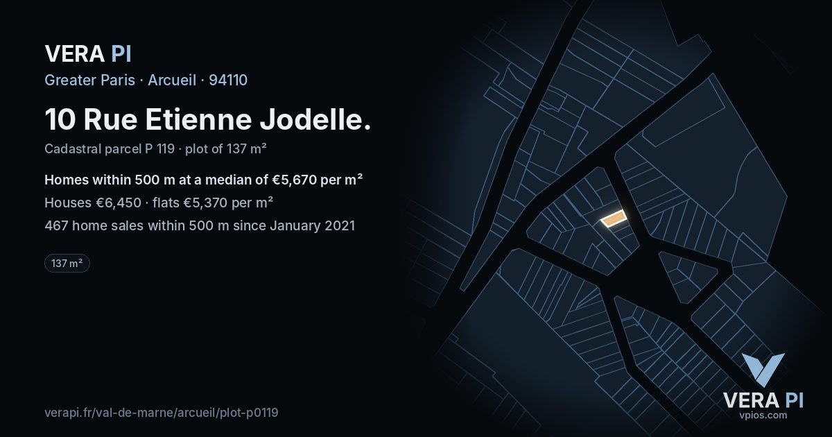 10 Rue Etienne Jodelle, Arcueil at night – the plot lit, the parcels around coloured by the prices near them