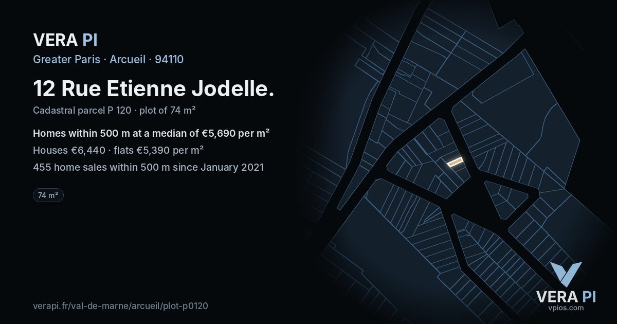 12 Rue Etienne Jodelle, Arcueil at night – the plot lit, the parcels around coloured by the prices near them