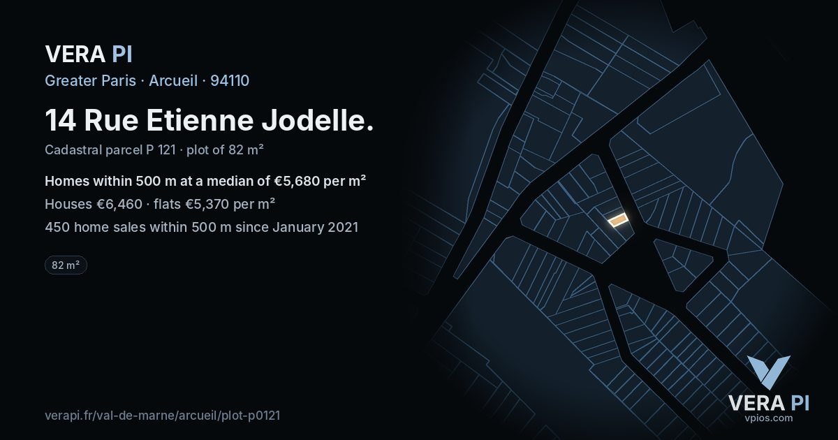 14 Rue Etienne Jodelle, Arcueil at night – the plot lit, the parcels around coloured by the prices near them