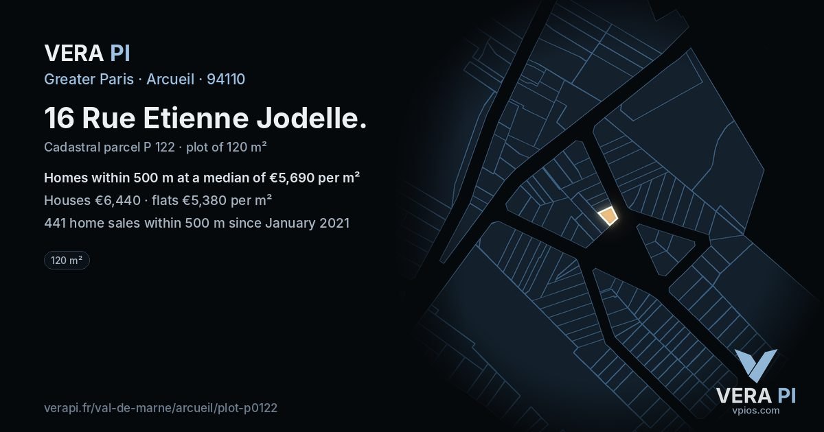 16 Rue Etienne Jodelle, Arcueil at night – the plot lit, the parcels around coloured by the prices near them