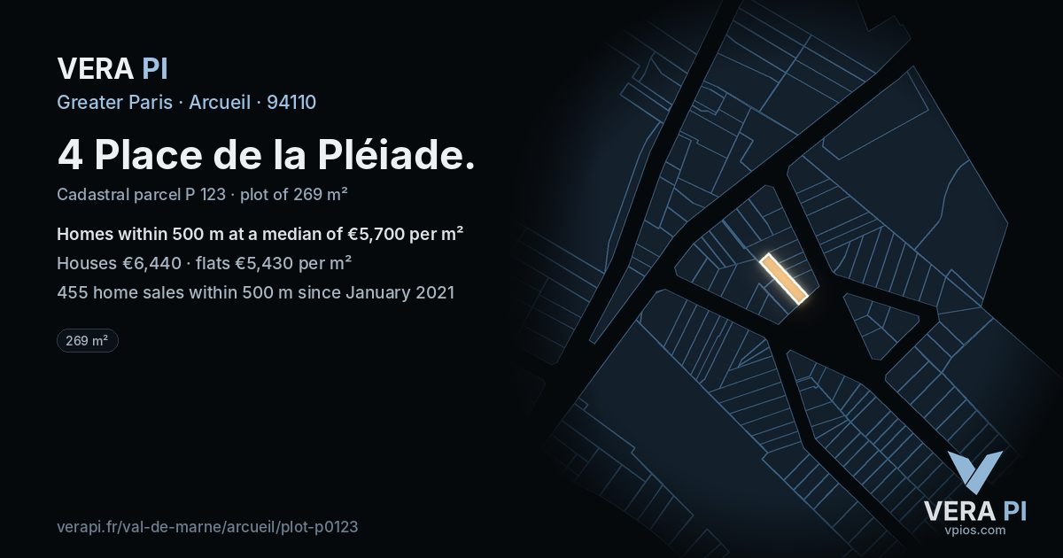 4 Place de la Pléiade, Arcueil at night – the plot lit, the parcels around coloured by the prices near them