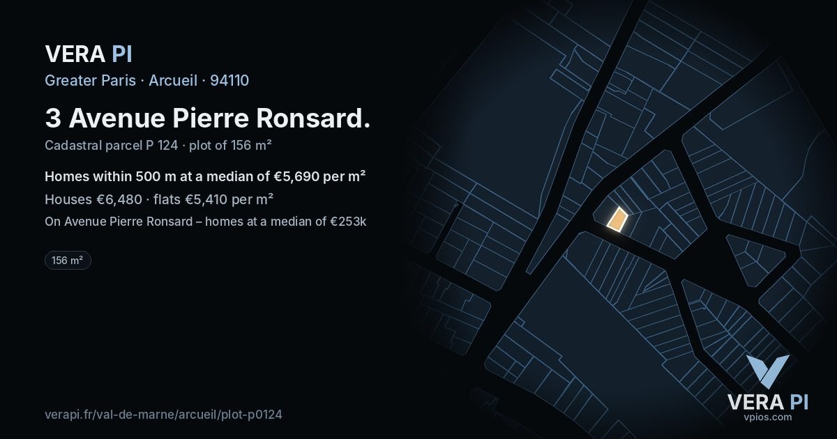 3 Avenue Pierre Ronsard, Arcueil at night – the plot lit, the parcels around coloured by the prices near them
