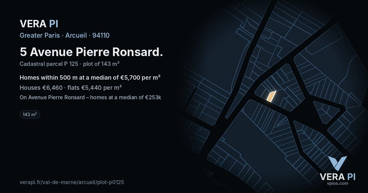 5 Avenue Pierre Ronsard, Arcueil at night – the plot lit, the parcels around coloured by the prices near them