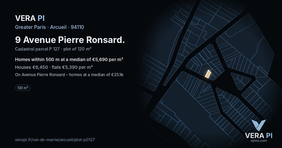 9 Avenue Pierre Ronsard, Arcueil at night – the plot lit, the parcels around coloured by the prices near them