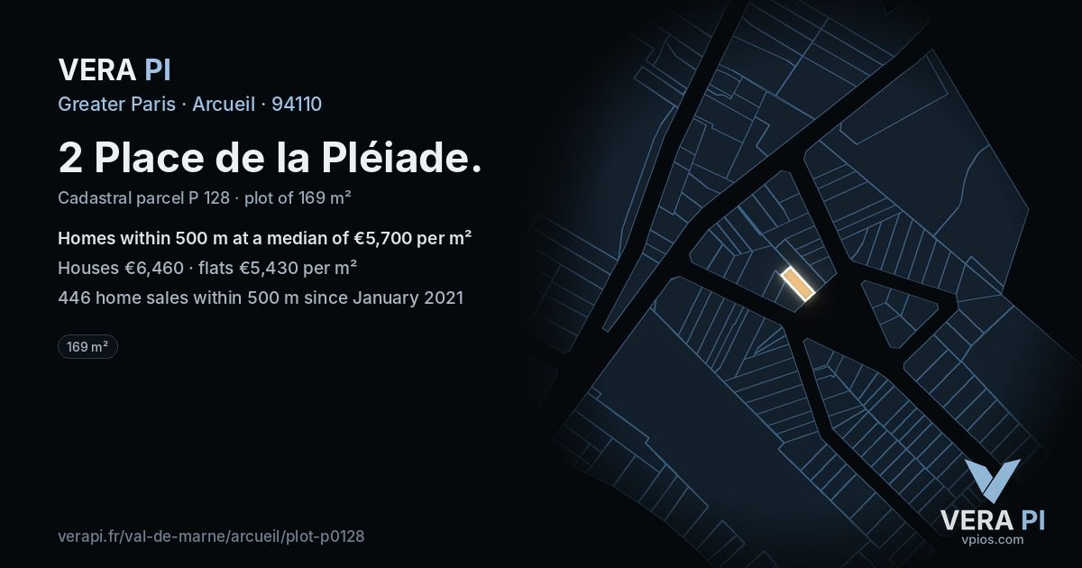 2 Place de la Pléiade, Arcueil at night – the plot lit, the parcels around coloured by the prices near them