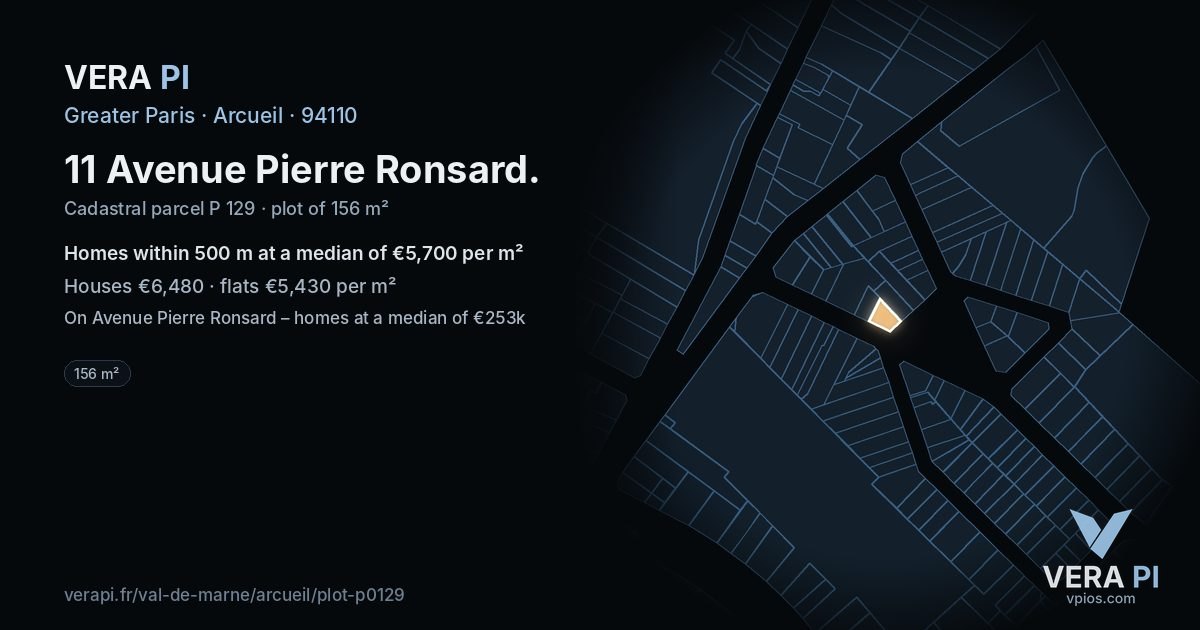 11 Avenue Pierre Ronsard, Arcueil at night – the plot lit, the parcels around coloured by the prices near them