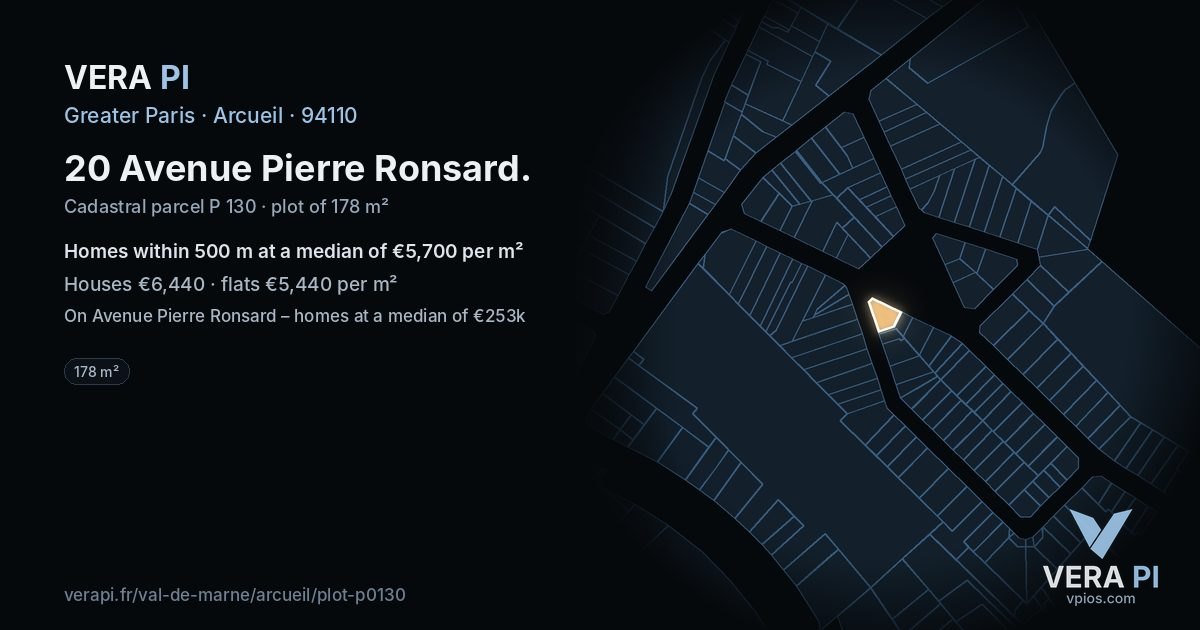 20 Avenue Pierre Ronsard, Arcueil at night – the plot lit, the parcels around coloured by the prices near them