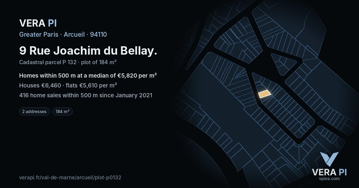 9 Rue Joachim du Bellay, Arcueil at night – the plot lit, the parcels around coloured by the prices near them
