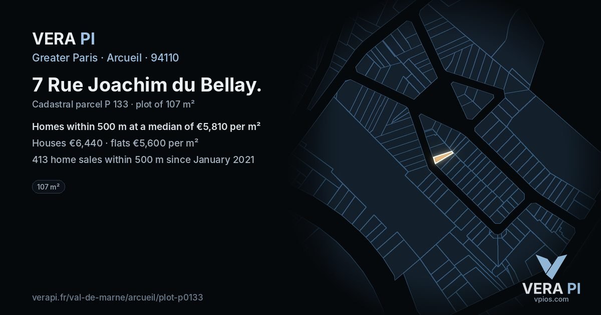 7 Rue Joachim du Bellay, Arcueil at night – the plot lit, the parcels around coloured by the prices near them