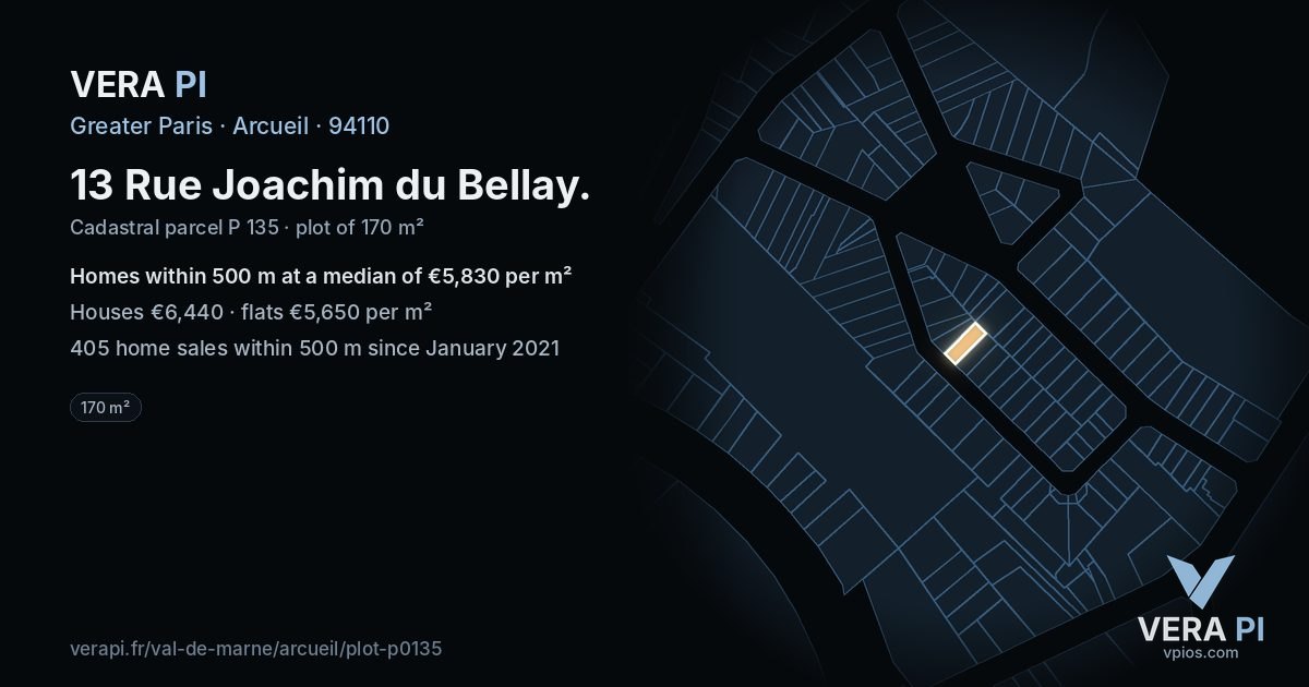 13 Rue Joachim du Bellay, Arcueil at night – the plot lit, the parcels around coloured by the prices near them
