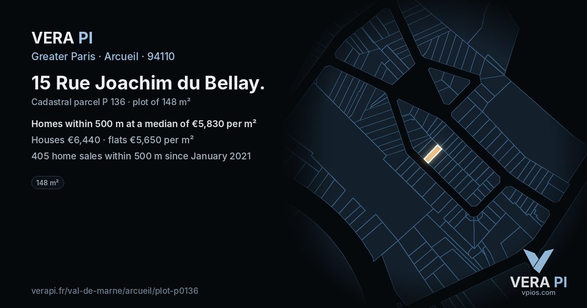 15 Rue Joachim du Bellay, Arcueil at night – the plot lit, the parcels around coloured by the prices near them