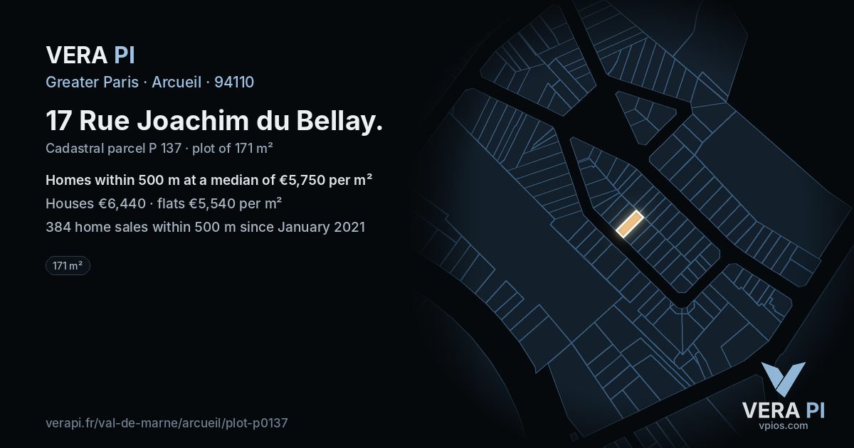 17 Rue Joachim du Bellay, Arcueil at night – the plot lit, the parcels around coloured by the prices near them