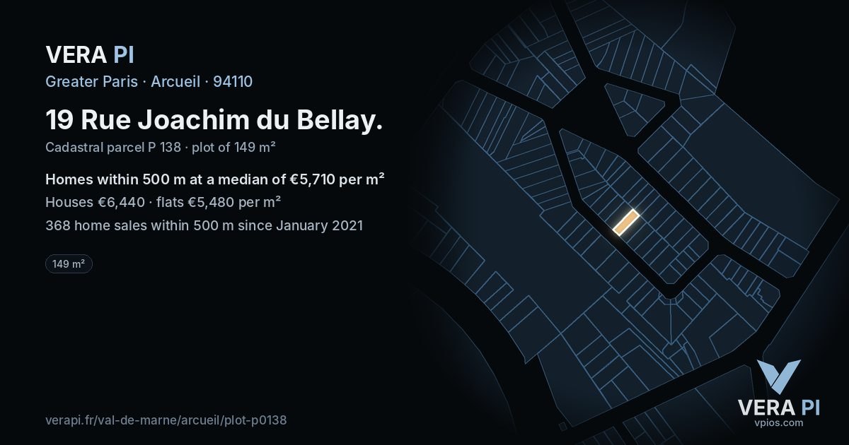 19 Rue Joachim du Bellay, Arcueil at night – the plot lit, the parcels around coloured by the prices near them