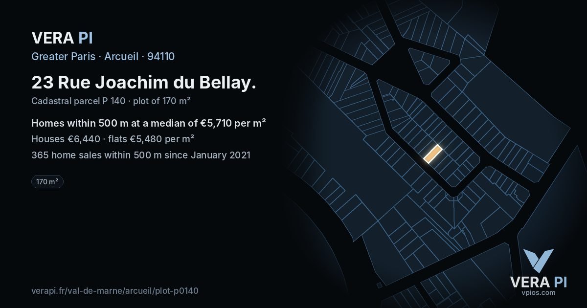 23 Rue Joachim du Bellay, Arcueil at night – the plot lit, the parcels around coloured by the prices near them