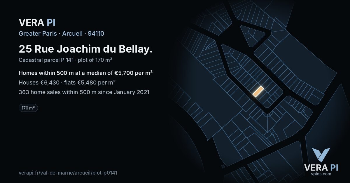25 Rue Joachim du Bellay, Arcueil at night – the plot lit, the parcels around coloured by the prices near them