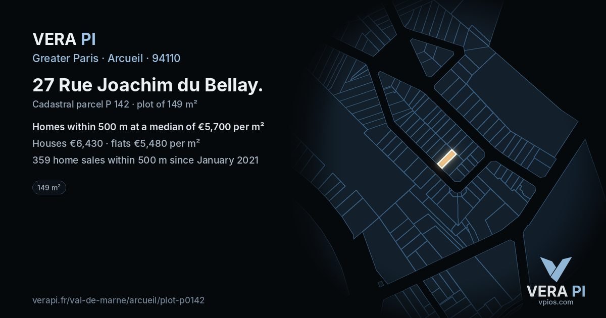27 Rue Joachim du Bellay, Arcueil at night – the plot lit, the parcels around coloured by the prices near them