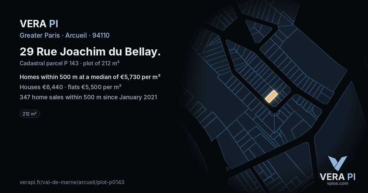 29 Rue Joachim du Bellay, Arcueil at night – the plot lit, the parcels around coloured by the prices near them