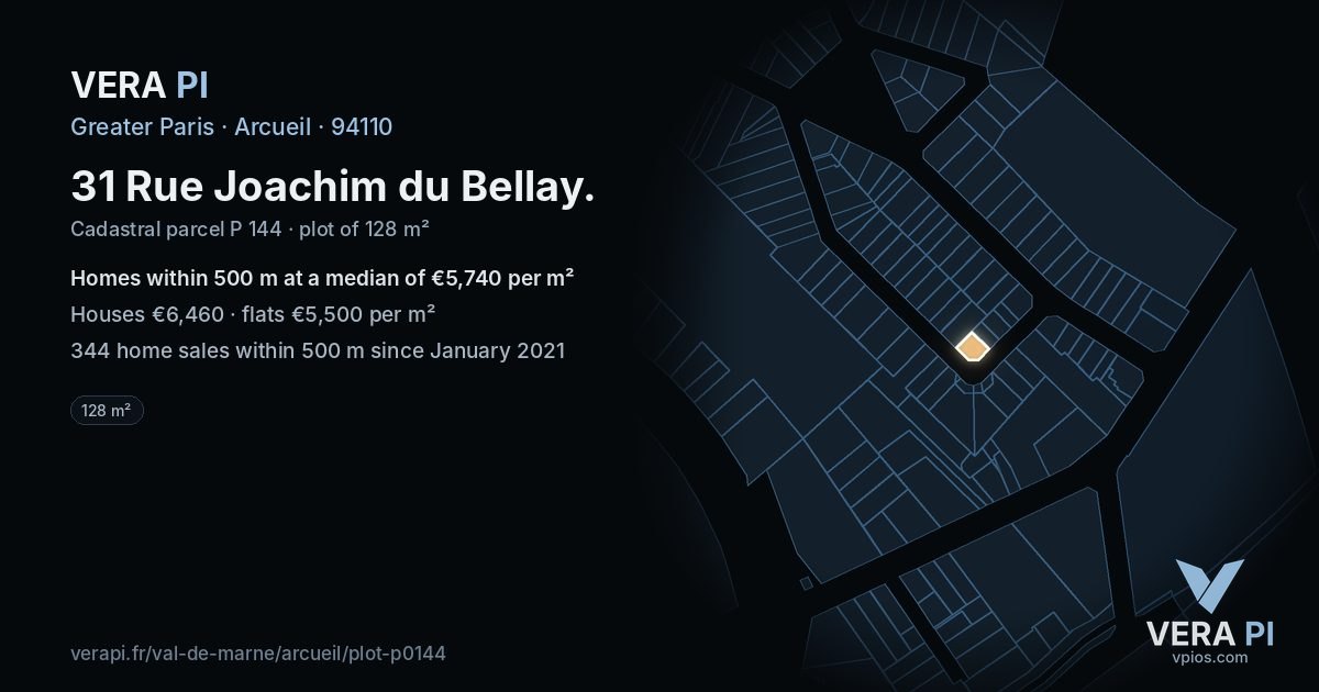 31 Rue Joachim du Bellay, Arcueil at night – the plot lit, the parcels around coloured by the prices near them