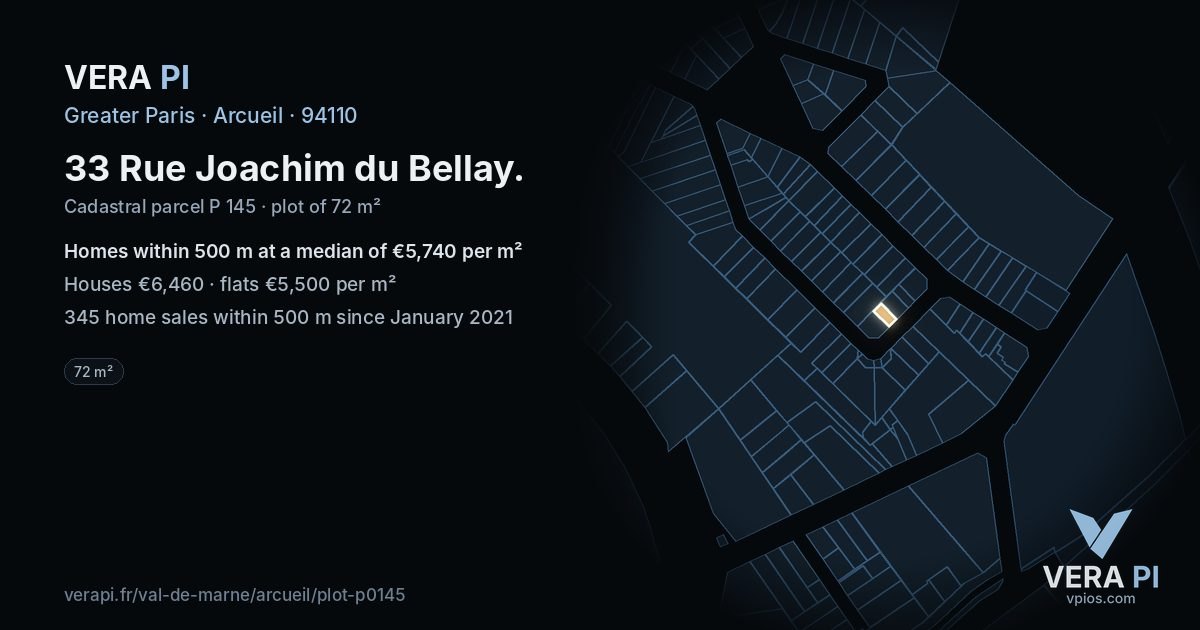 33 Rue Joachim du Bellay, Arcueil at night – the plot lit, the parcels around coloured by the prices near them