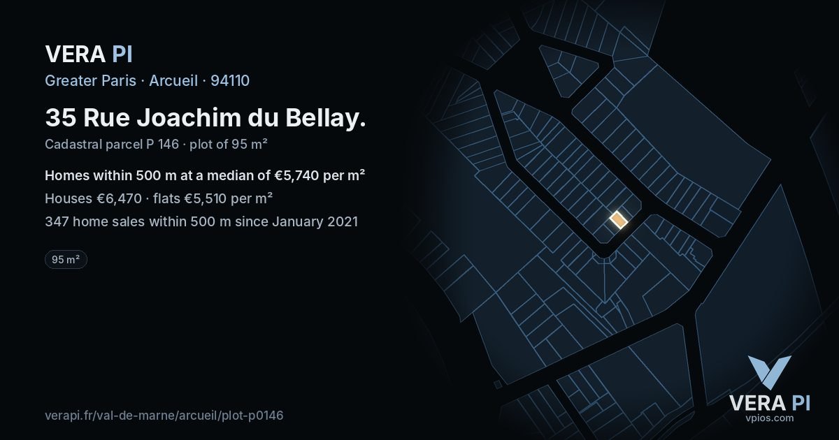 35 Rue Joachim du Bellay, Arcueil at night – the plot lit, the parcels around coloured by the prices near them