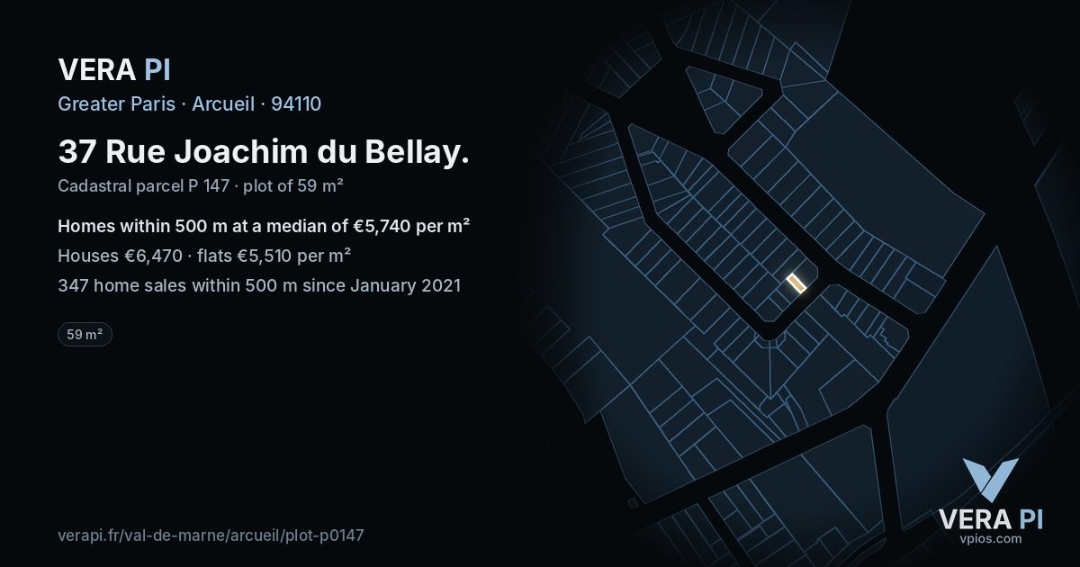 37 Rue Joachim du Bellay, Arcueil at night – the plot lit, the parcels around coloured by the prices near them
