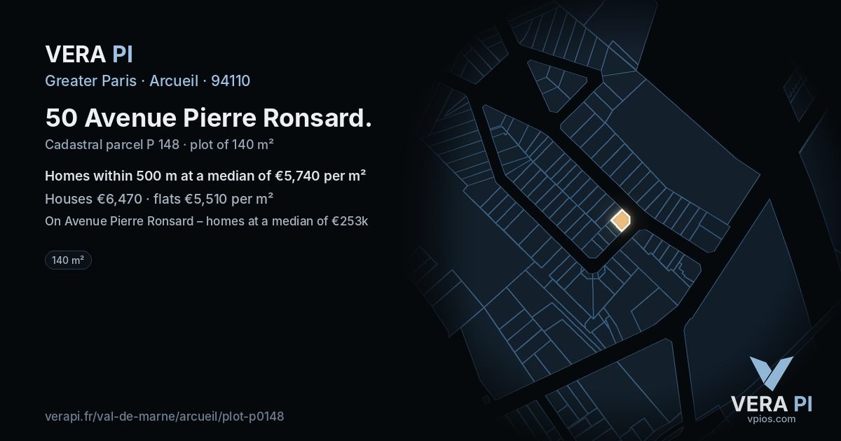50 Avenue Pierre Ronsard, Arcueil at night – the plot lit, the parcels around coloured by the prices near them