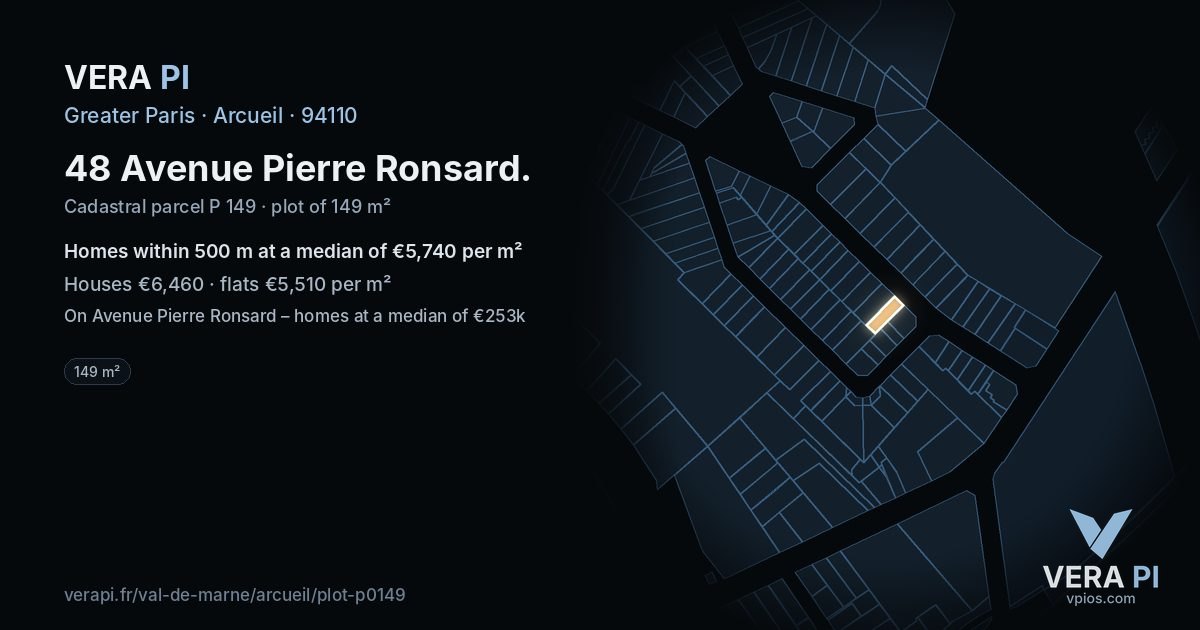 48 Avenue Pierre Ronsard, Arcueil at night – the plot lit, the parcels around coloured by the prices near them