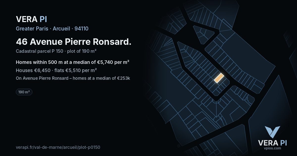 46 Avenue Pierre Ronsard, Arcueil at night – the plot lit, the parcels around coloured by the prices near them