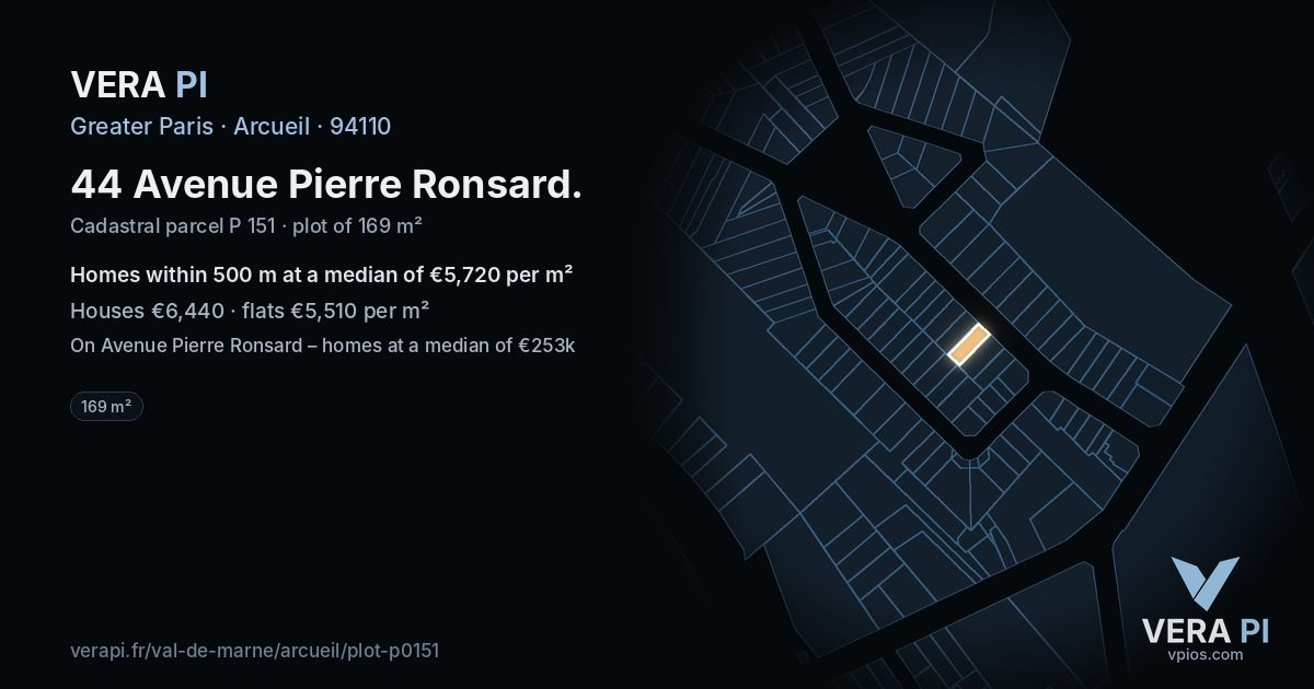 44 Avenue Pierre Ronsard, Arcueil at night – the plot lit, the parcels around coloured by the prices near them