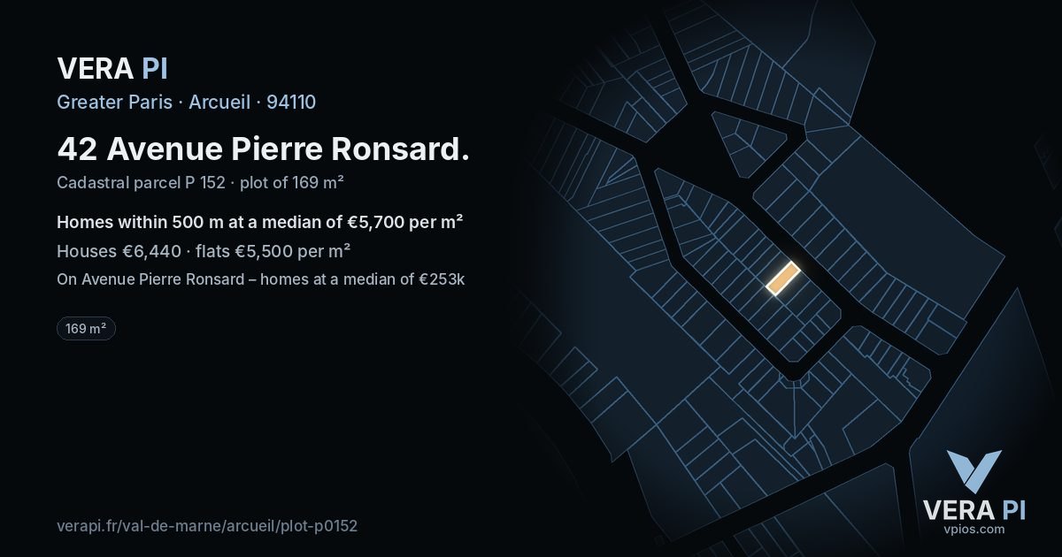 42 Avenue Pierre Ronsard, Arcueil at night – the plot lit, the parcels around coloured by the prices near them