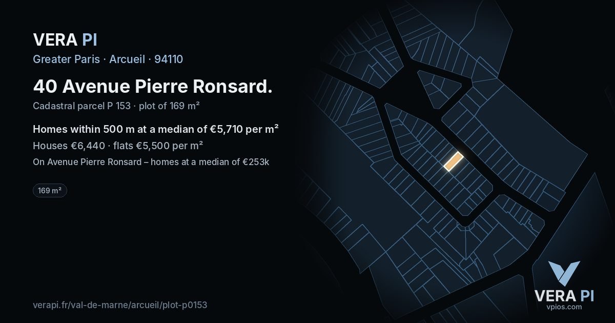 40 Avenue Pierre Ronsard, Arcueil at night – the plot lit, the parcels around coloured by the prices near them