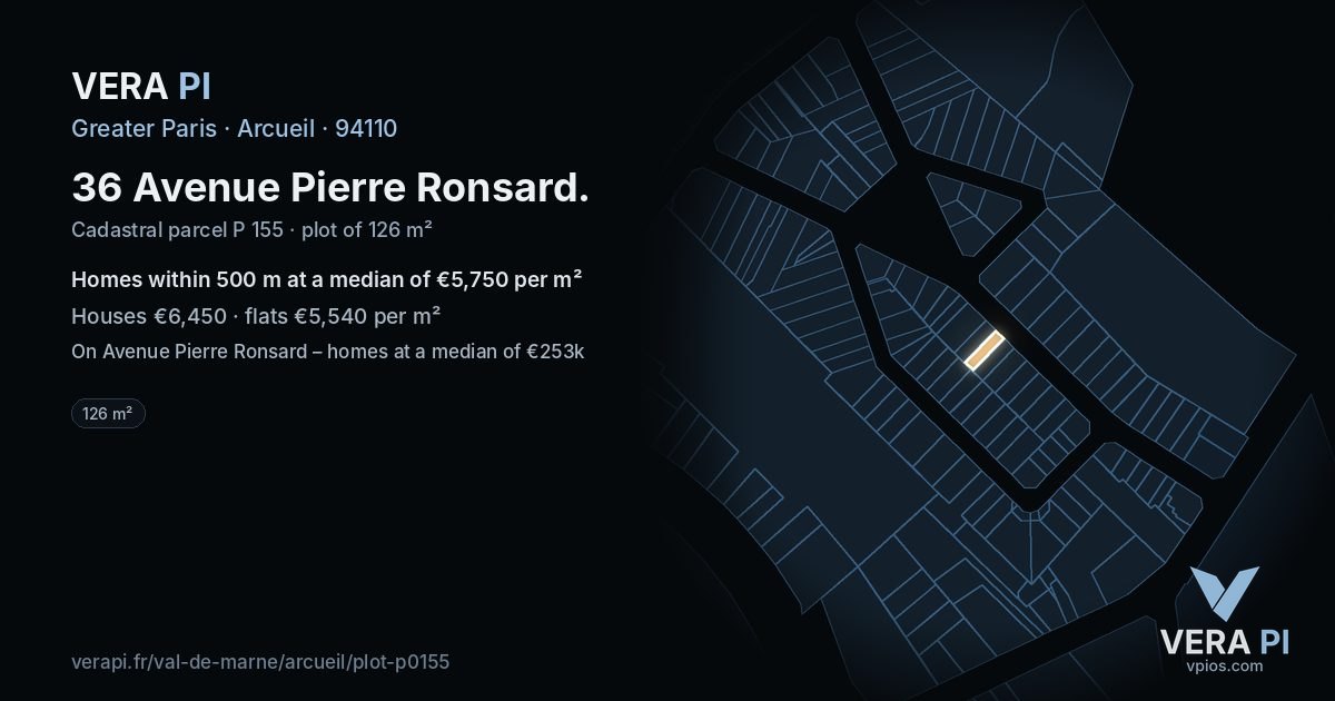 36 Avenue Pierre Ronsard, Arcueil at night – the plot lit, the parcels around coloured by the prices near them