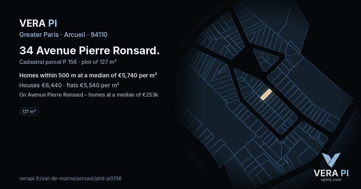 34 Avenue Pierre Ronsard, Arcueil at night – the plot lit, the parcels around coloured by the prices near them