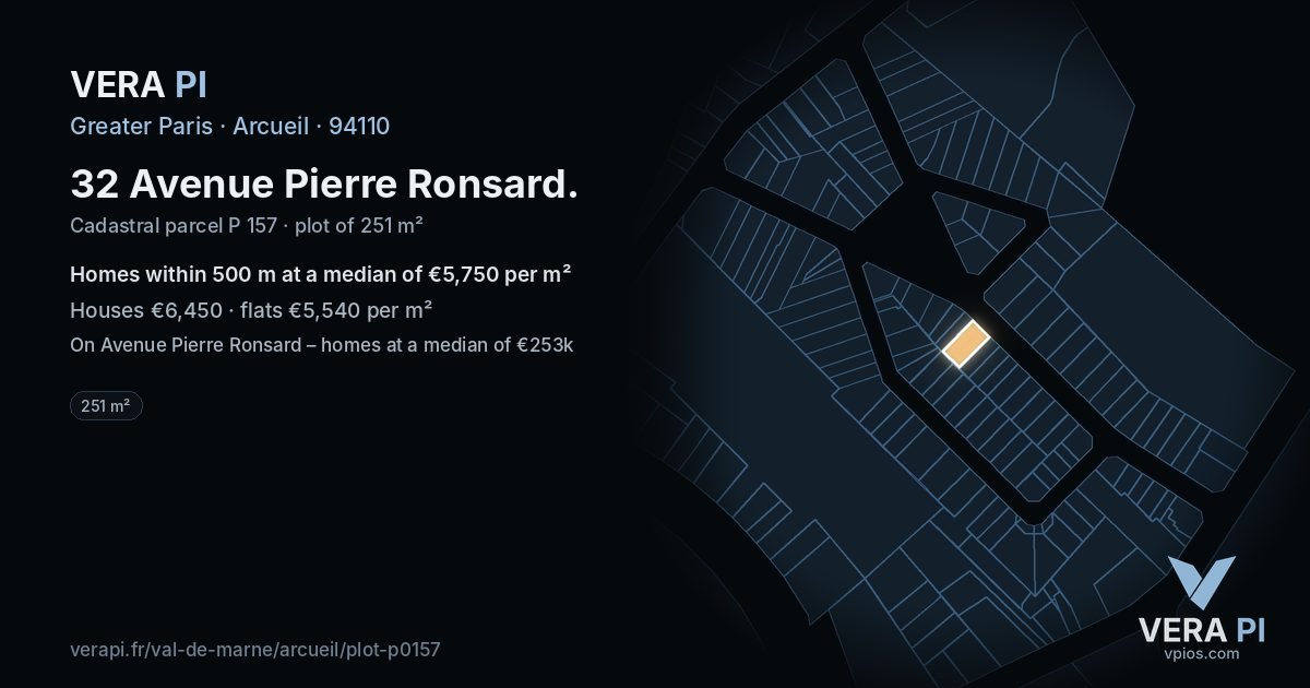 32 Avenue Pierre Ronsard, Arcueil at night – the plot lit, the parcels around coloured by the prices near them