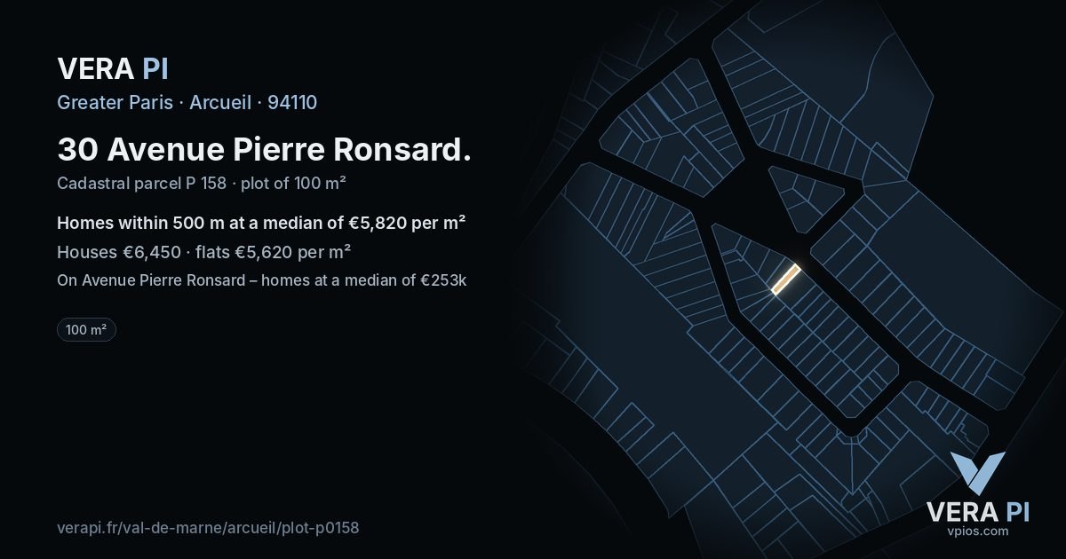 30 Avenue Pierre Ronsard, Arcueil at night – the plot lit, the parcels around coloured by the prices near them