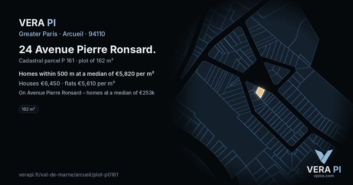 24 Avenue Pierre Ronsard, Arcueil at night – the plot lit, the parcels around coloured by the prices near them