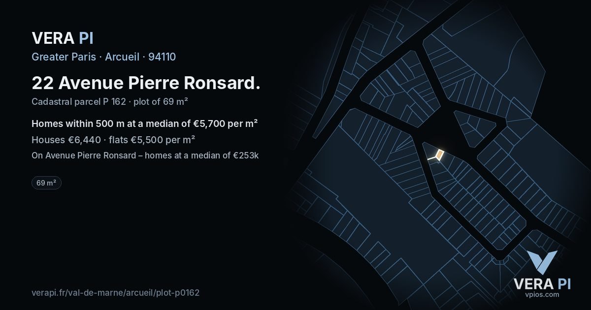 22 Avenue Pierre Ronsard, Arcueil at night – the plot lit, the parcels around coloured by the prices near them