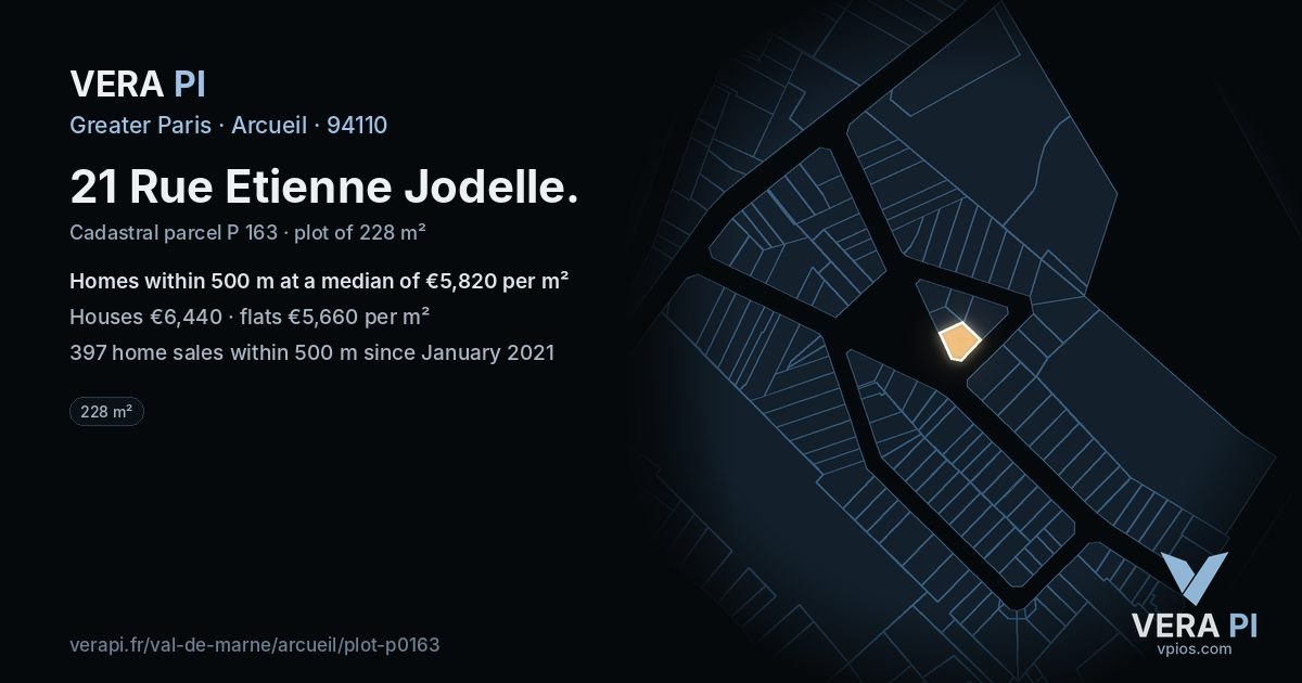 21 Rue Etienne Jodelle, Arcueil at night – the plot lit, the parcels around coloured by the prices near them