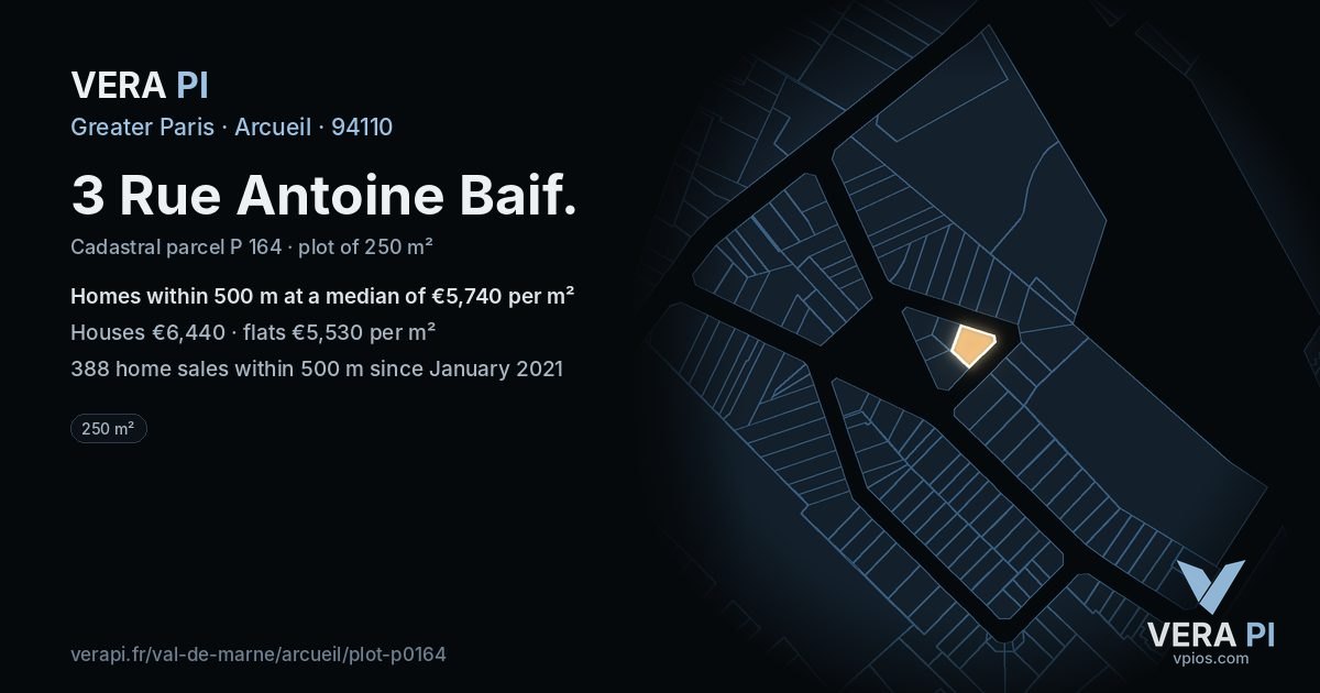 3 Rue Antoine Baif, Arcueil at night – the plot lit, the parcels around coloured by the prices near them