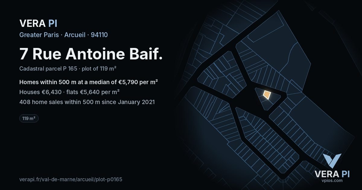 7 Rue Antoine Baif, Arcueil at night – the plot lit, the parcels around coloured by the prices near them