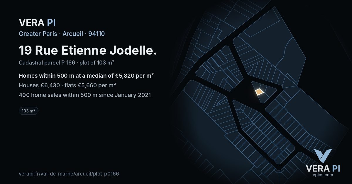 19 Rue Etienne Jodelle, Arcueil at night – the plot lit, the parcels around coloured by the prices near them