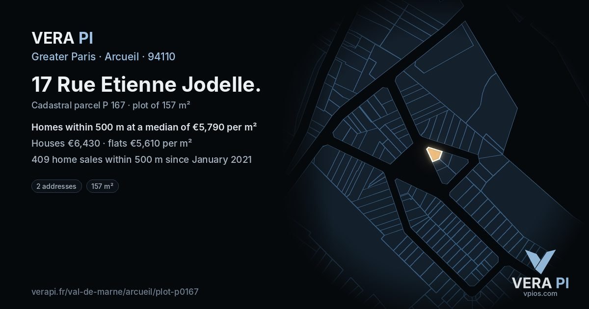 17 Rue Etienne Jodelle, Arcueil at night – the plot lit, the parcels around coloured by the prices near them