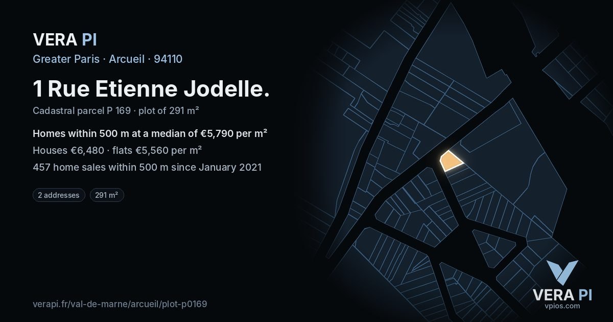 1 Rue Etienne Jodelle, Arcueil at night – the plot lit, the parcels around coloured by the prices near them